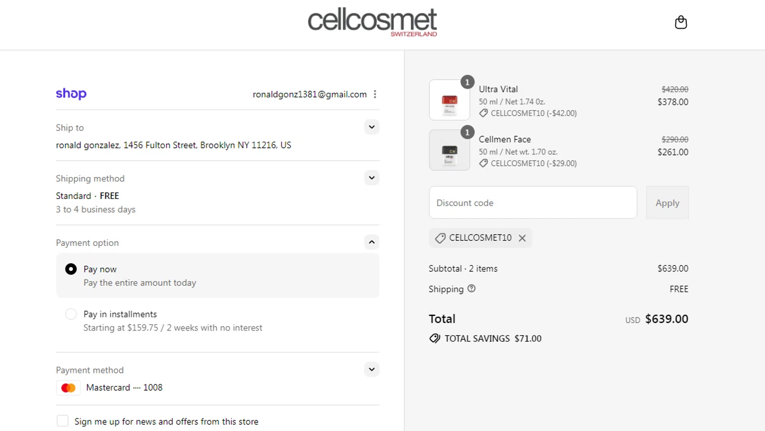 Cellcosmet coupon code screenshot showing code CELLCOSMET10 applied at Cellcosmet checkout page. Uploaded by SimplyCodes community member Ronald13 on Aug 9, 2025
