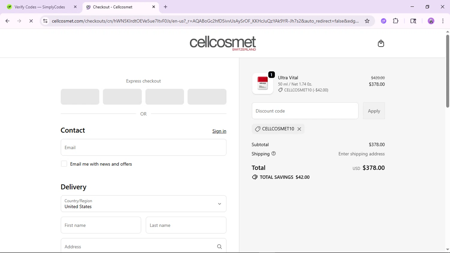 Cellcosmet coupon code screenshot showing code CELLCOSMET10 applied at Cellcosmet checkout page. Uploaded by SimplyCodes community member jamesscott on Nov 15, 2025