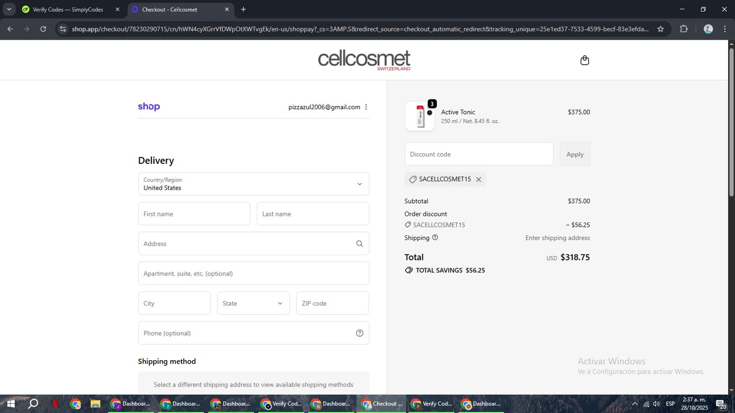 Cellcosmet coupon code screenshot showing code SACELLCOSMET15 applied at Cellcosmet checkout page. Uploaded by SimplyCodes community member ShrewdSeeker6165 on Oct 28, 2025