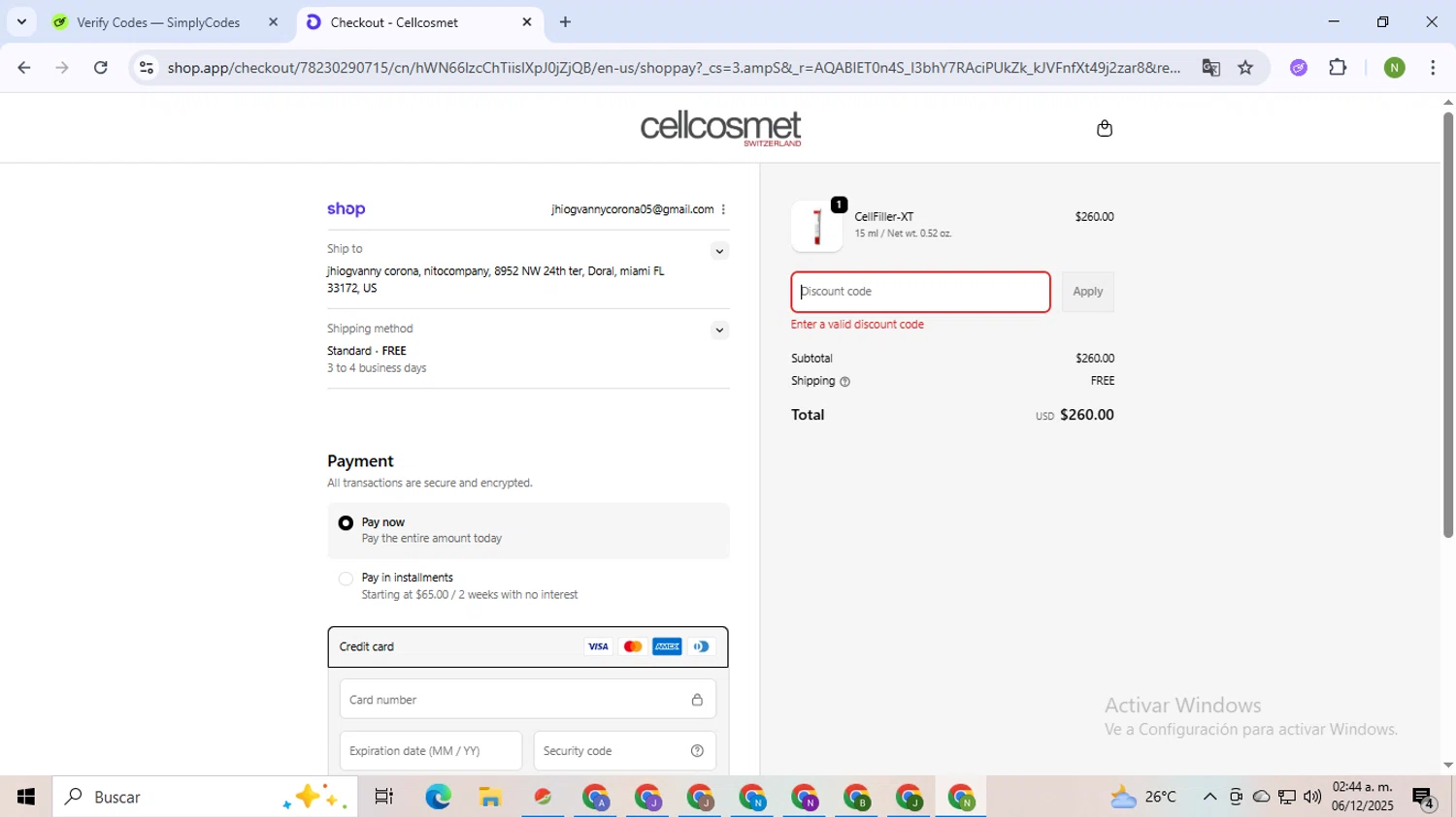 Cellcosmet coupon code screenshot showing code MOISTURE4 applied at Cellcosmet checkout page. Uploaded by SimplyCodes community member TokenMaverick6956 on Dec 6, 2025