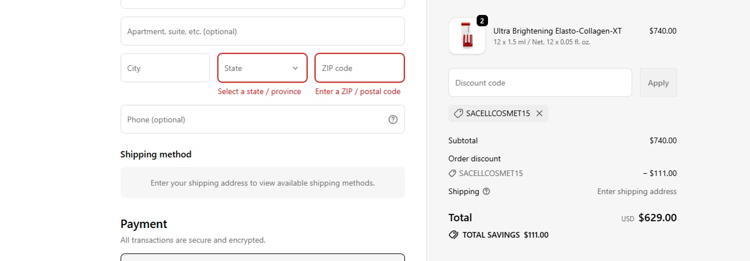 Cellcosmet coupon code screenshot showing code SACELLCOSMET15 applied at Cellcosmet checkout page. Uploaded by SimplyCodes community member ashe1986 on Sep 23, 2025