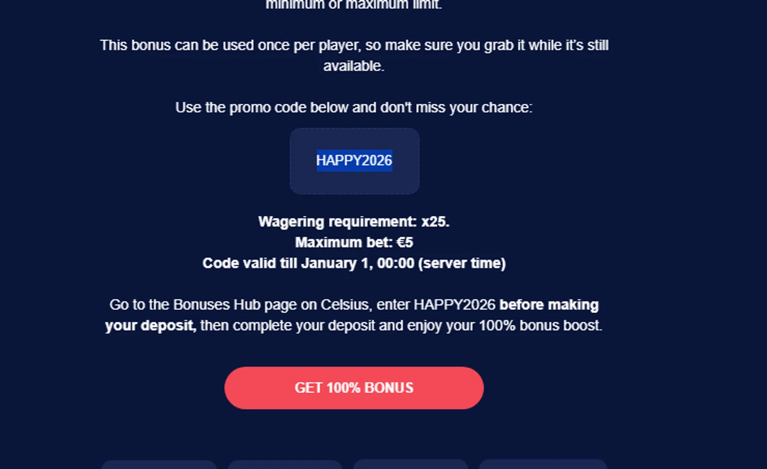 Celsius Casino promo code screenshot showing code HAPPY2026 applied at Celsius Casino checkout page. Uploaded by SimplyCodes community member Biden0442069257555 on Dec 30, 2025