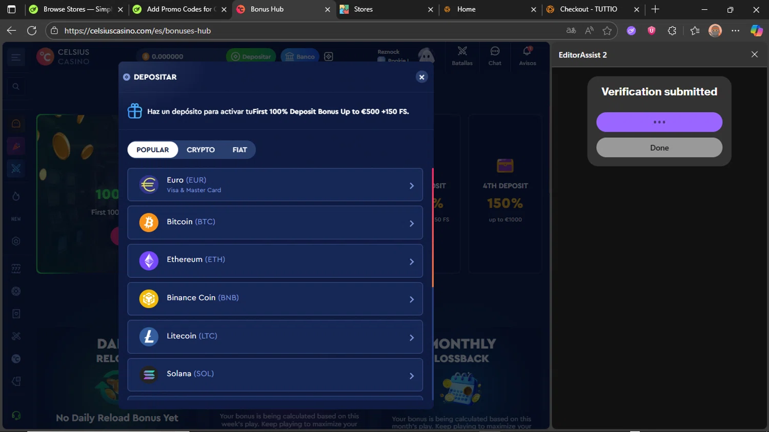 Celsius Casino promo code screenshot showing code FirstDeposit applied at Celsius Casino checkout page. Uploaded by SimplyCodes community member CorrectorDeCupones on Oct 28, 2025