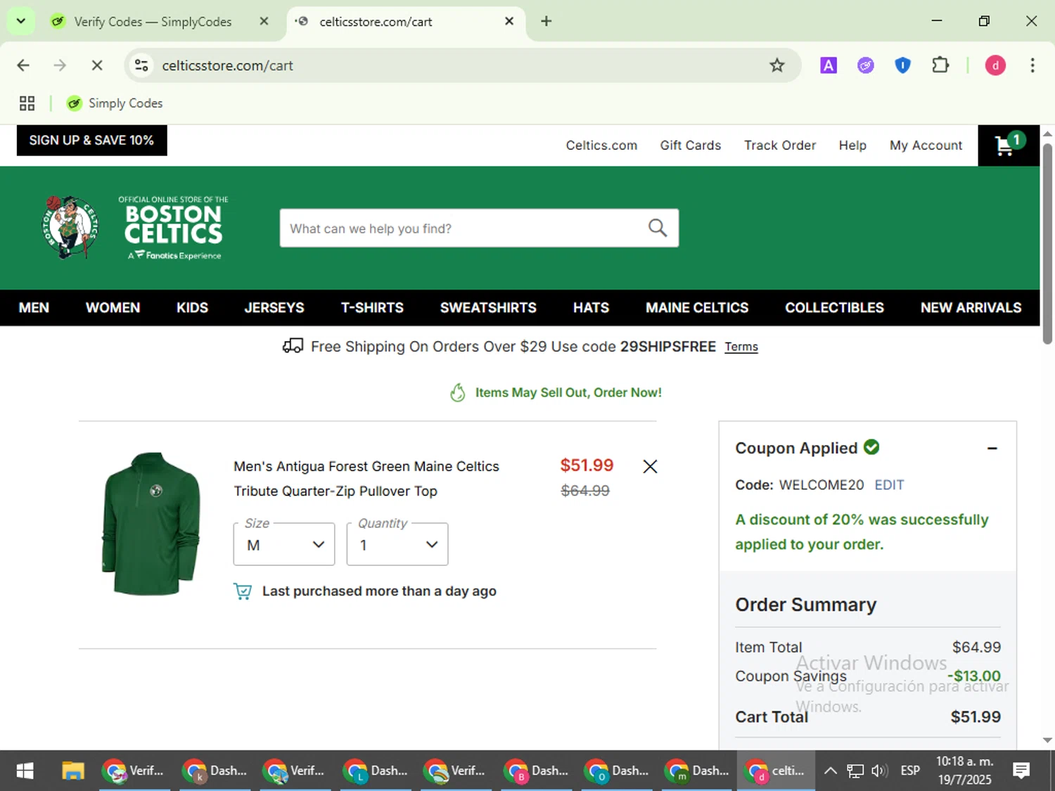 Boston Celtics Store promo code screenshot showing code WELCOME20 applied at Boston Celtics Store checkout page. Uploaded by SimplyCodes community member BudgetVoyager5452 on Jul 19, 2025