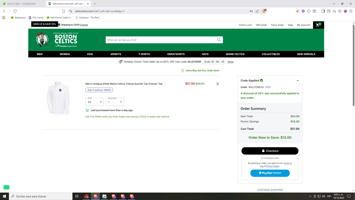 Boston Celtics Store promo code screenshot showing code WELCOME20 applied at Boston Celtics Store checkout page. Uploaded by SimplyCodes community member Nezukooo on Dec 14, 2025