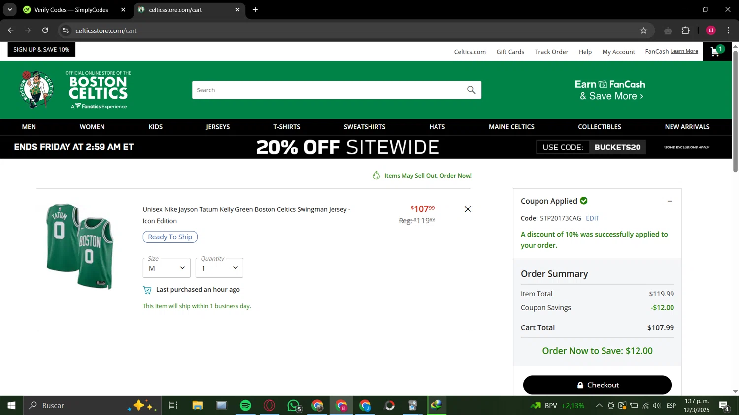 Boston Celtics Store promo code screenshot showing code STP20173CAG applied at Boston Celtics Store checkout page. Uploaded by SimplyCodes community member TheWeeknd on Mar 12, 2025