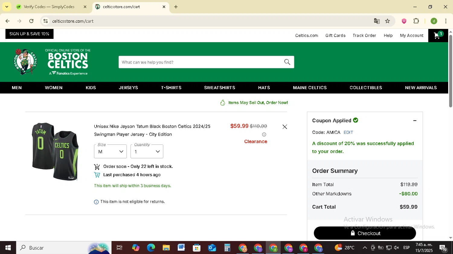 Boston Celtics Store promo code screenshot showing code AMICA applied at Boston Celtics Store checkout page. Uploaded by SimplyCodes community member SavingsSentinel833 on Jul 15, 2025