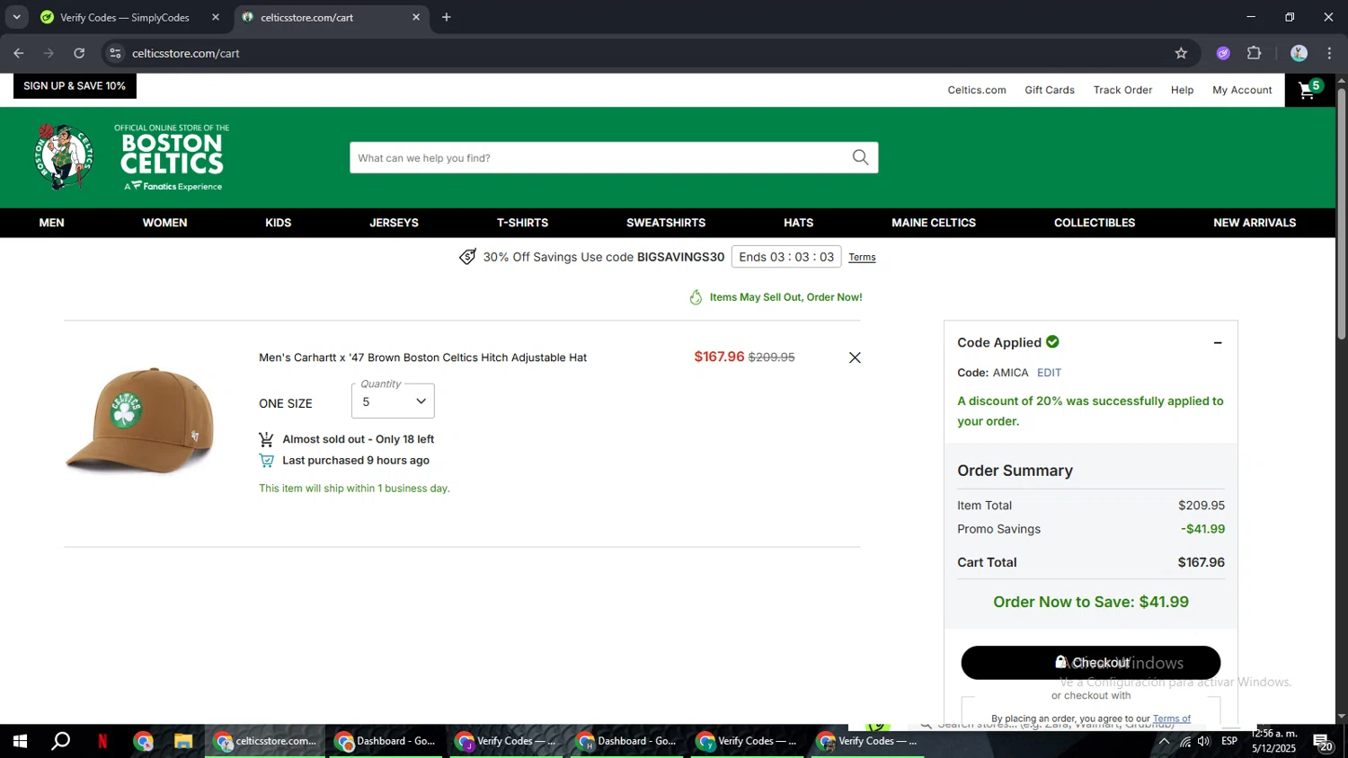 Boston Celtics Store promo code screenshot showing code AMICA applied at Boston Celtics Store checkout page. Uploaded by SimplyCodes community member ShrewdSeeker6165 on Dec 5, 2025