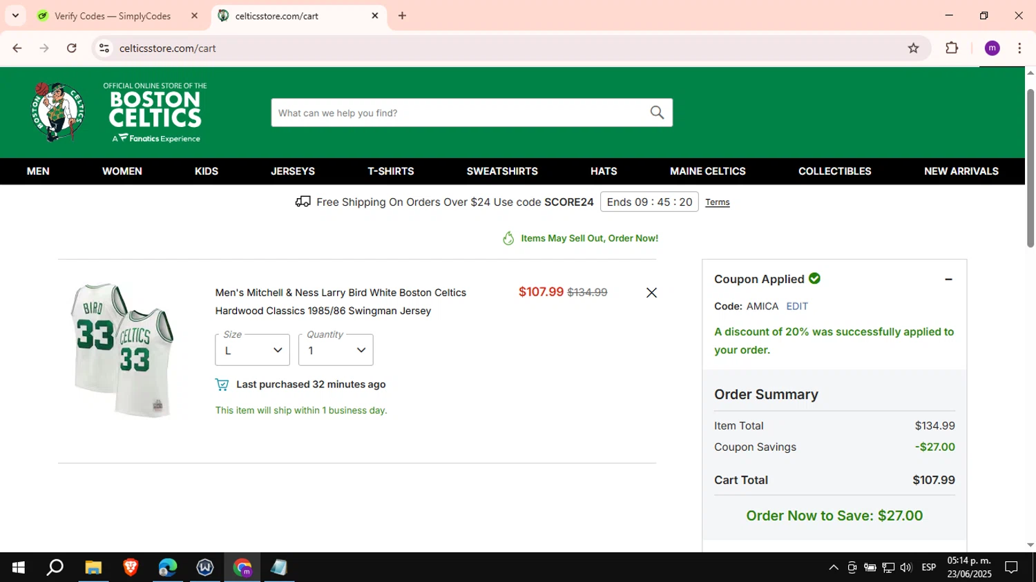 Boston Celtics Store promo code screenshot showing code AMICA applied at Boston Celtics Store checkout page. Uploaded by SimplyCodes community member VictoriousCurator6515 on Jun 23, 2025