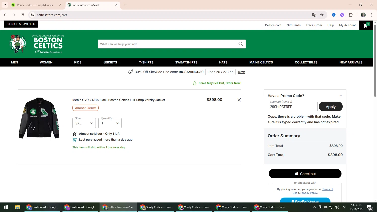 Boston Celtics Store promo code screenshot showing code 29SHIPSFREE applied at Boston Celtics Store checkout page. Uploaded by SimplyCodes community member CleverLynx6871 on Nov 18, 2025