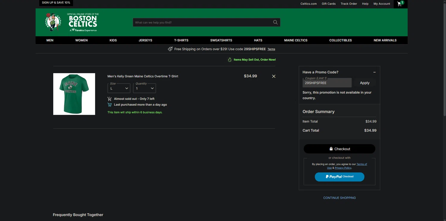 Boston Celtics Store promo code screenshot showing code 29SHIPSFREE applied at Boston Celtics Store checkout page. Uploaded by SimplyCodes community member CrownExpert4084 on Nov 12, 2025