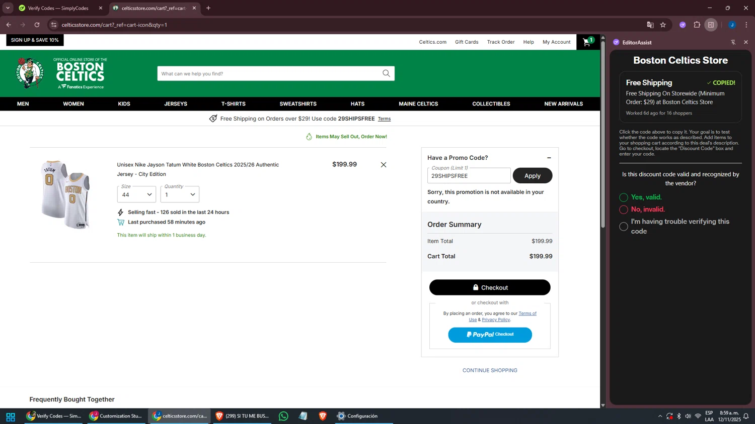 Boston Celtics Store promo code screenshot showing code 29SHIPSFREE applied at Boston Celtics Store checkout page. Uploaded by SimplyCodes community member oscarbeaujon on Nov 12, 2025