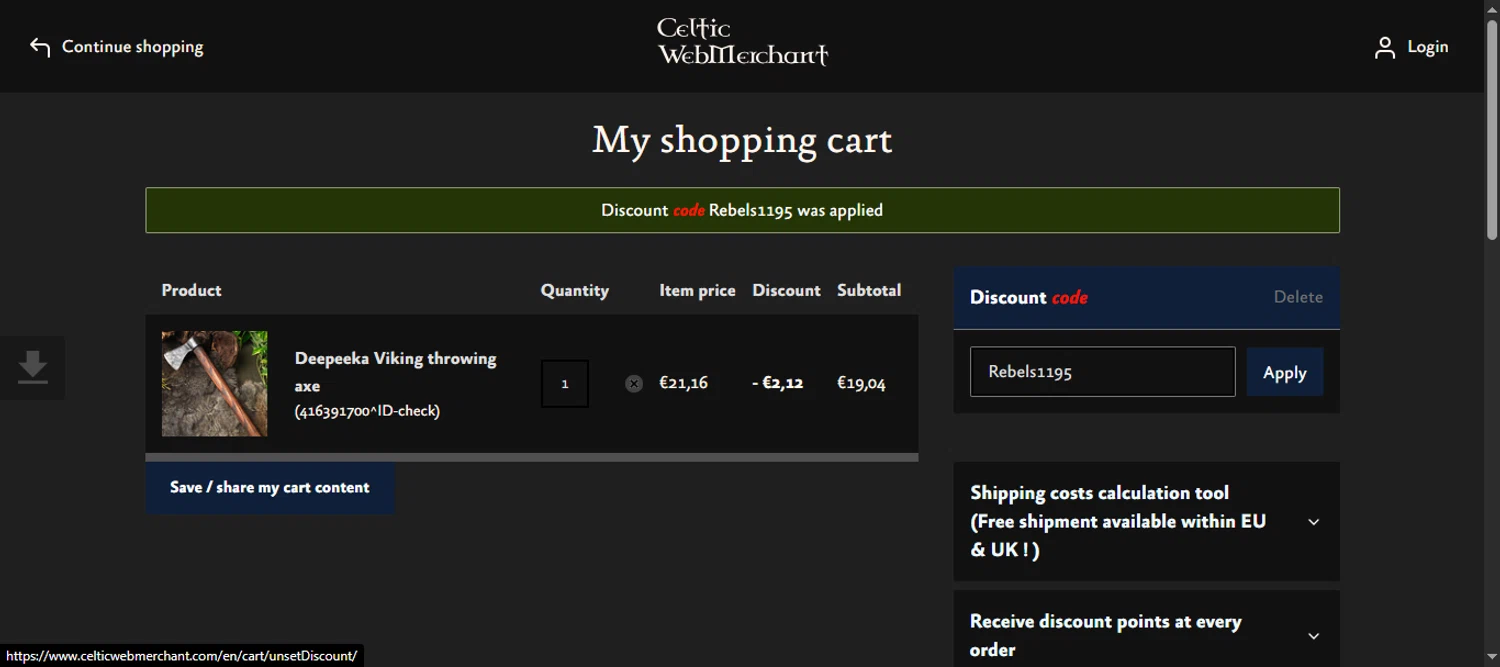 Celtic WebMerchant discount code screenshot showing code Rebels1195 applied at Celtic WebMerchant checkout page. Uploaded by SimplyCodes community member 111111 on Jul 5, 2025