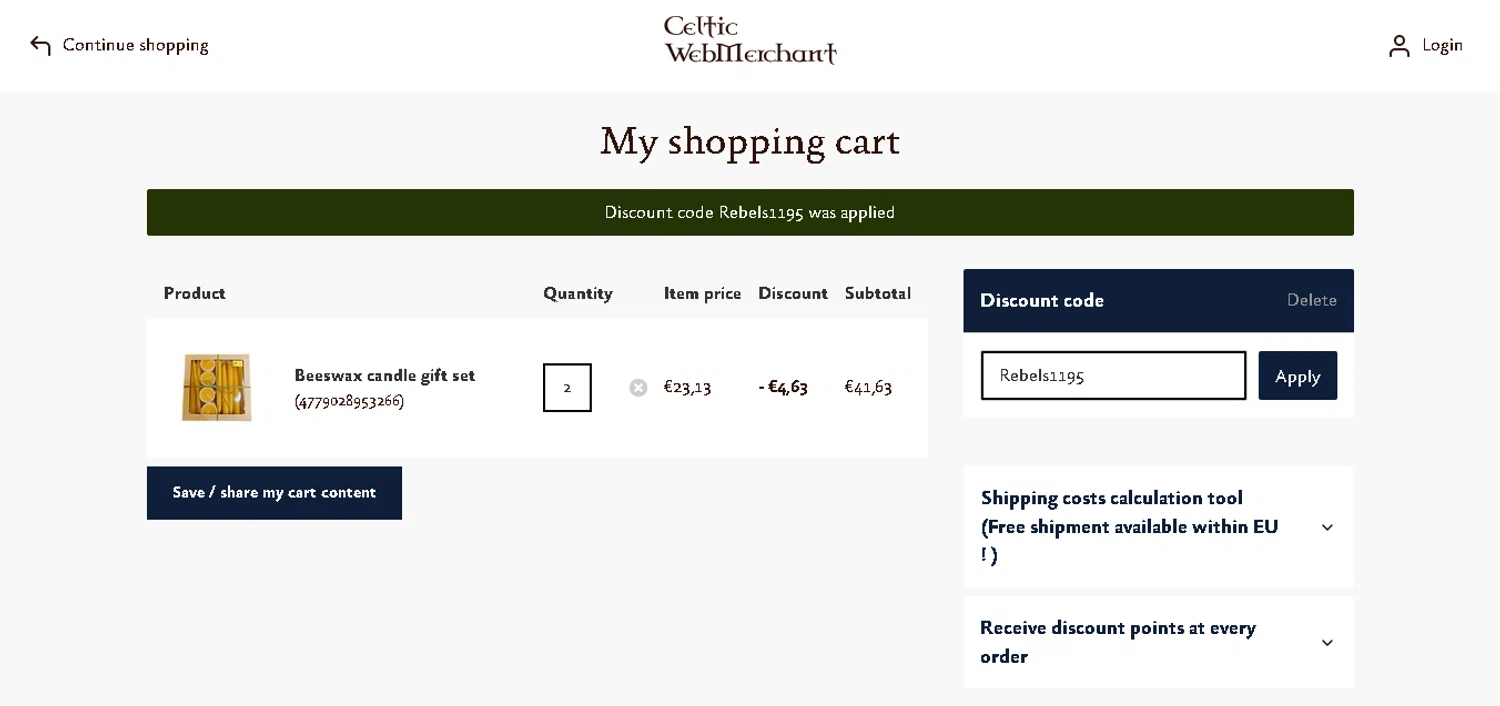 Celtic WebMerchant discount code screenshot showing code Rebels1195 applied at Celtic WebMerchant checkout page. Uploaded by SimplyCodes community member xHRxUltrax on Aug 3, 2025