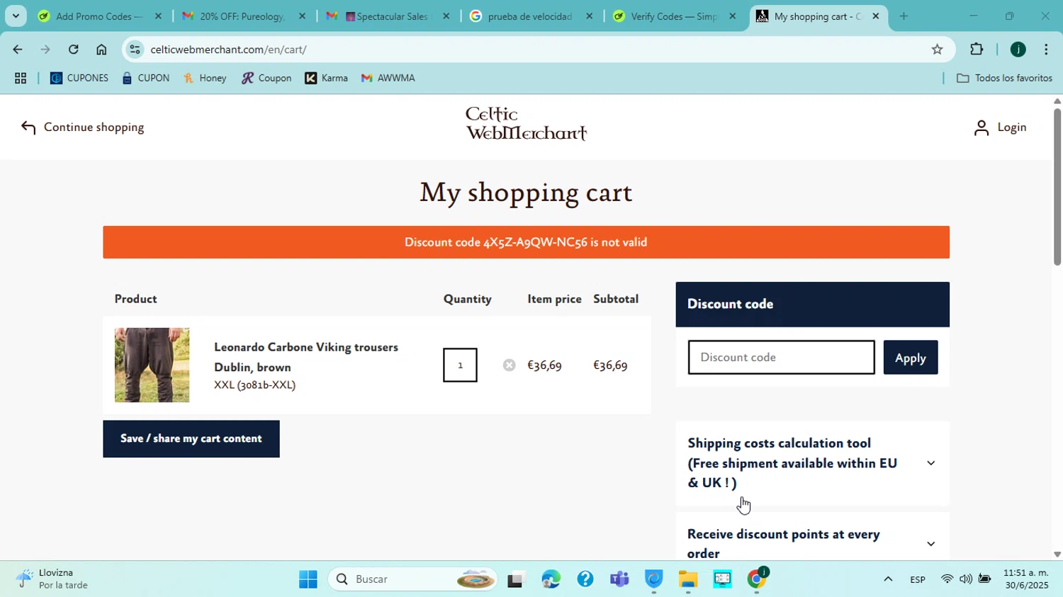 Celtic WebMerchant discount code screenshot showing code 4X5Z-A9QW-NC56 applied at Celtic WebMerchant checkout page. Uploaded by SimplyCodes community member jorgejavierherrera on Jun 30, 2025