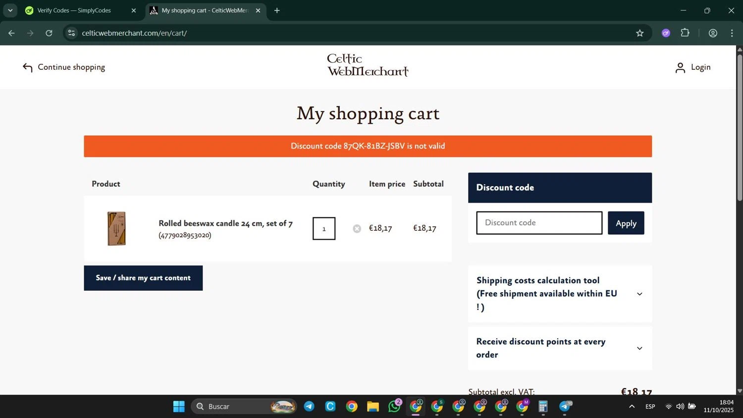 Celtic WebMerchant discount code screenshot showing code 87QK-81BZ-JSBV applied at Celtic WebMerchant checkout page. Uploaded by SimplyCodes community member LuckyElite8069 on Oct 11, 2025