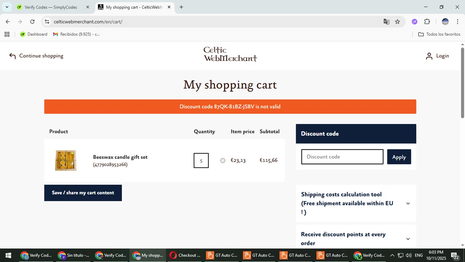 Celtic WebMerchant discount code screenshot showing code 87QK-81BZ-JSBV applied at Celtic WebMerchant checkout page. Uploaded by SimplyCodes community member TrevorPhilips on Oct 11, 2025