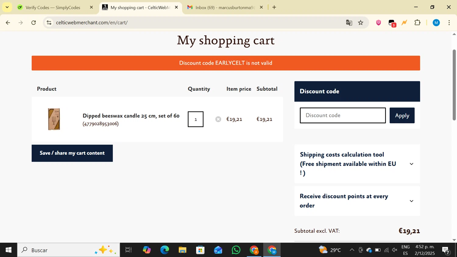Celtic WebMerchant checkout page showing Celtic WebMerchant discount code box | Screenshot taken by SimplyCodes community member on Dec 2, 2025