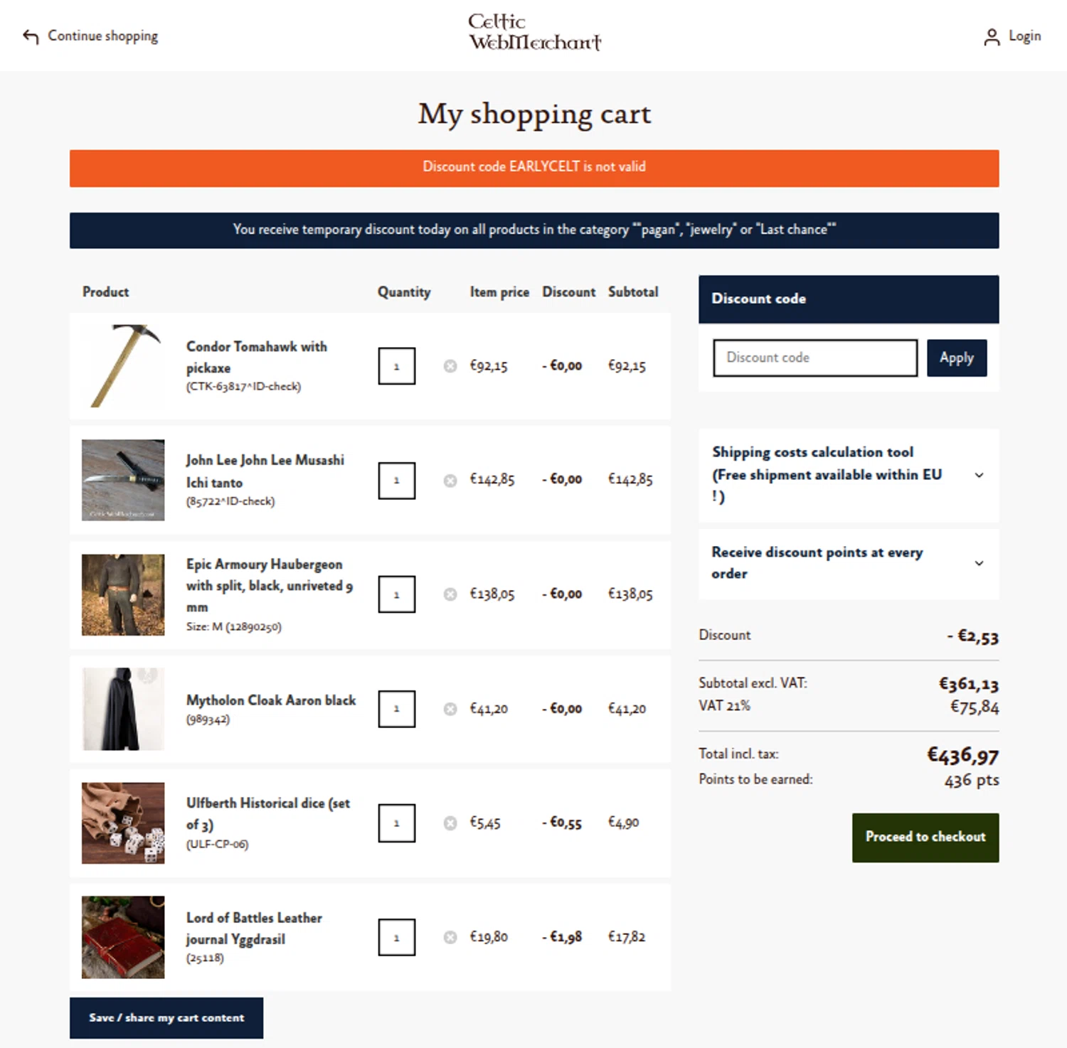 Celtic WebMerchant discount code screenshot showing code EARLYCELT applied at Celtic WebMerchant checkout page. Uploaded by SimplyCodes community member Mosue17 on Dec 14, 2025