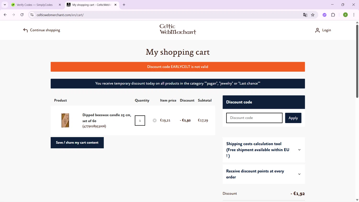Celtic WebMerchant discount code screenshot showing code EARLYCELT applied at Celtic WebMerchant checkout page. Uploaded by SimplyCodes community member SavingsHero9122 on Dec 14, 2025