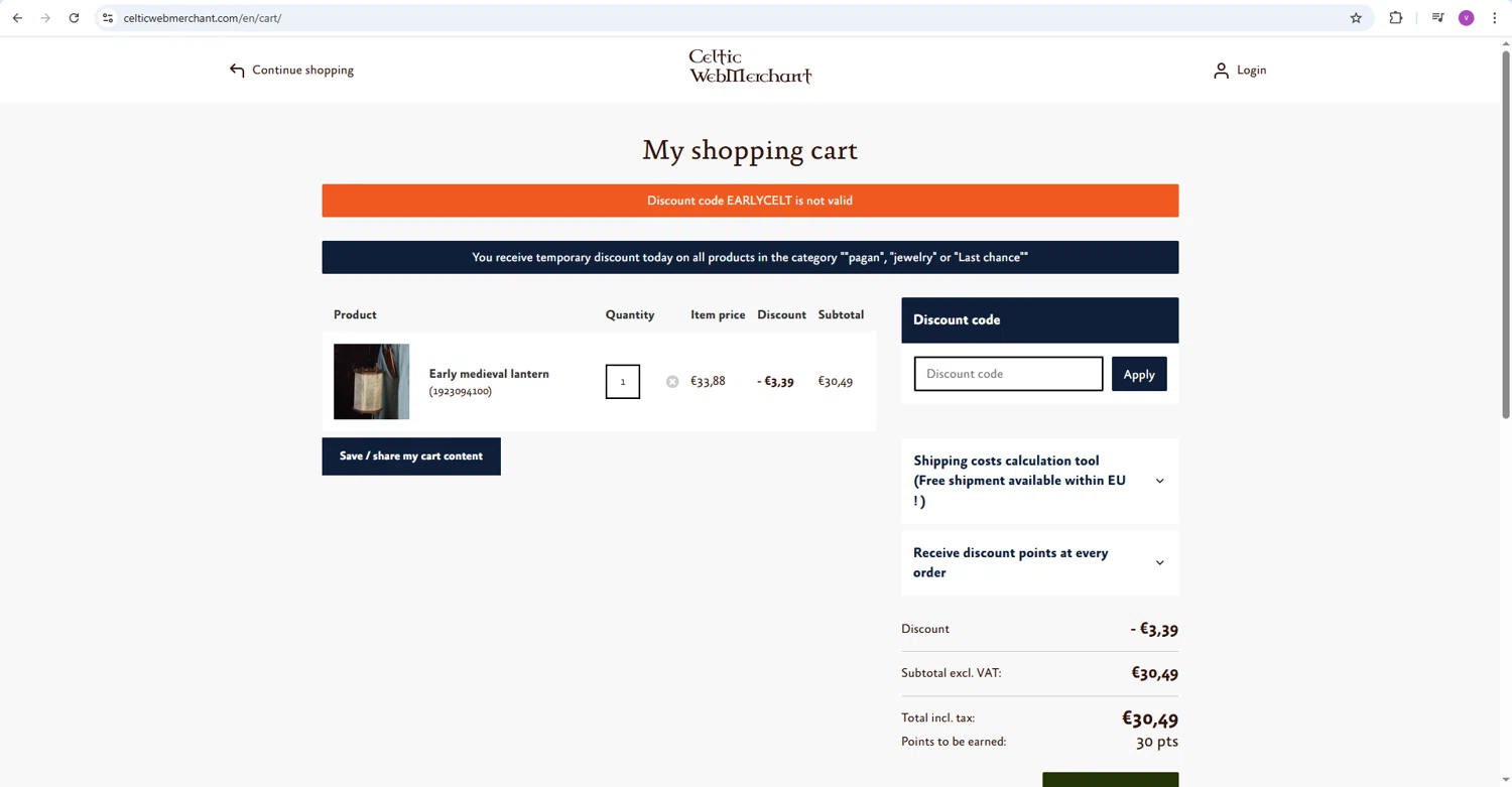 Celtic WebMerchant discount code screenshot showing code EARLYCELT applied at Celtic WebMerchant checkout page. Uploaded by SimplyCodes community member luffyreturn on Dec 14, 2025