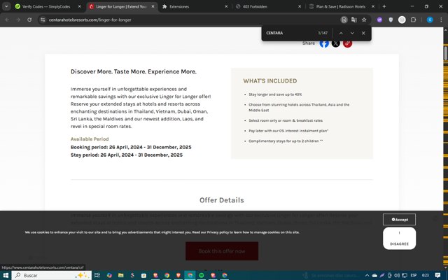 Centara Hotels & Resorts checkout page showing Centara Hotels & Resorts promo code box | Screenshot taken by SimplyCodes community member on Aug 24, 2025