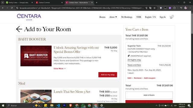 Centara Hotels & Resorts checkout page showing Centara Hotels & Resorts promo code box | Screenshot taken by SimplyCodes community member on Aug 4, 2025