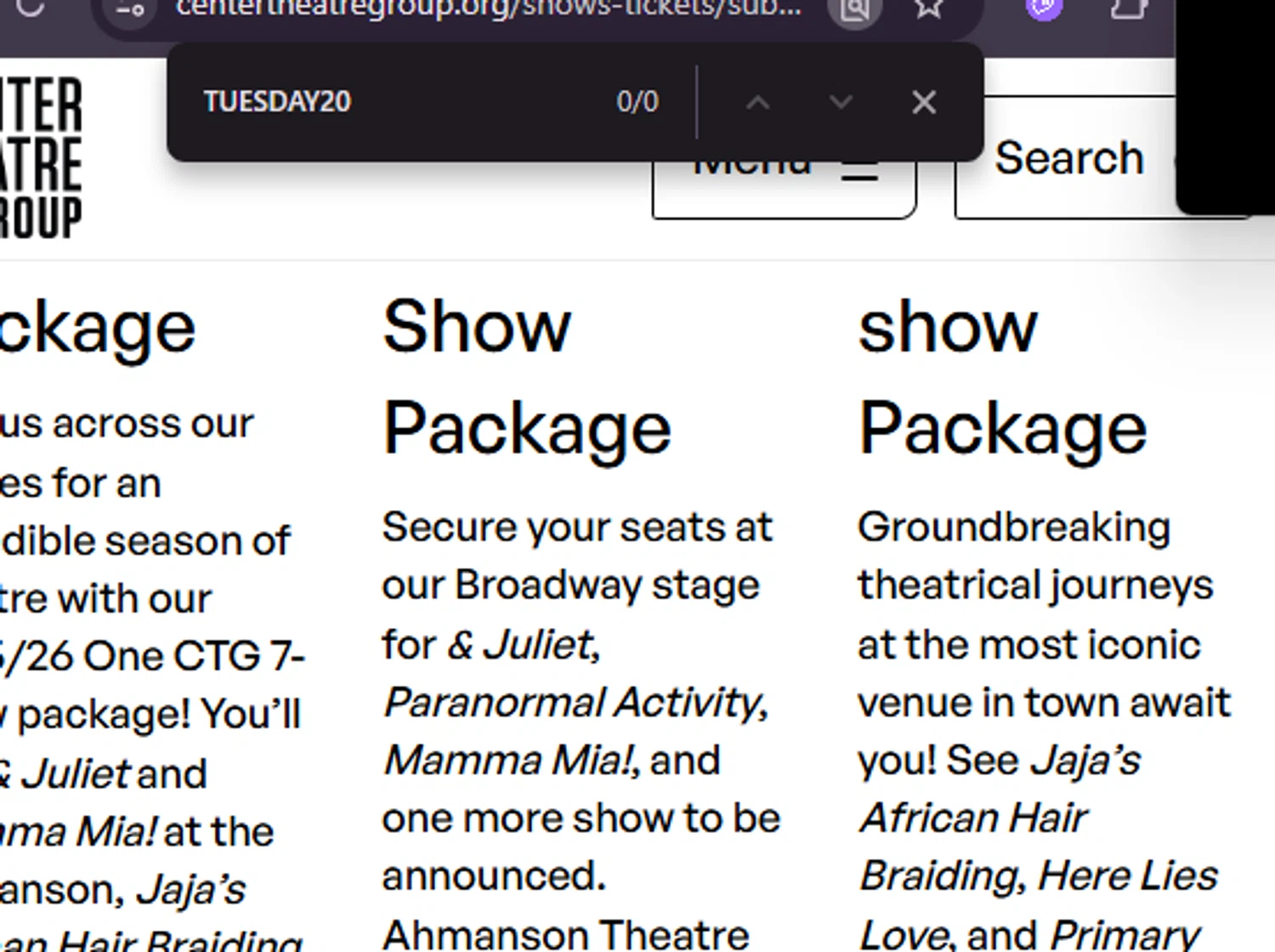 Center Theatre Group promo code screenshot showing code TUESDAY20 applied at Center Theatre Group checkout page. Uploaded by SimplyCodes community member Lamadama on Aug 13, 2025