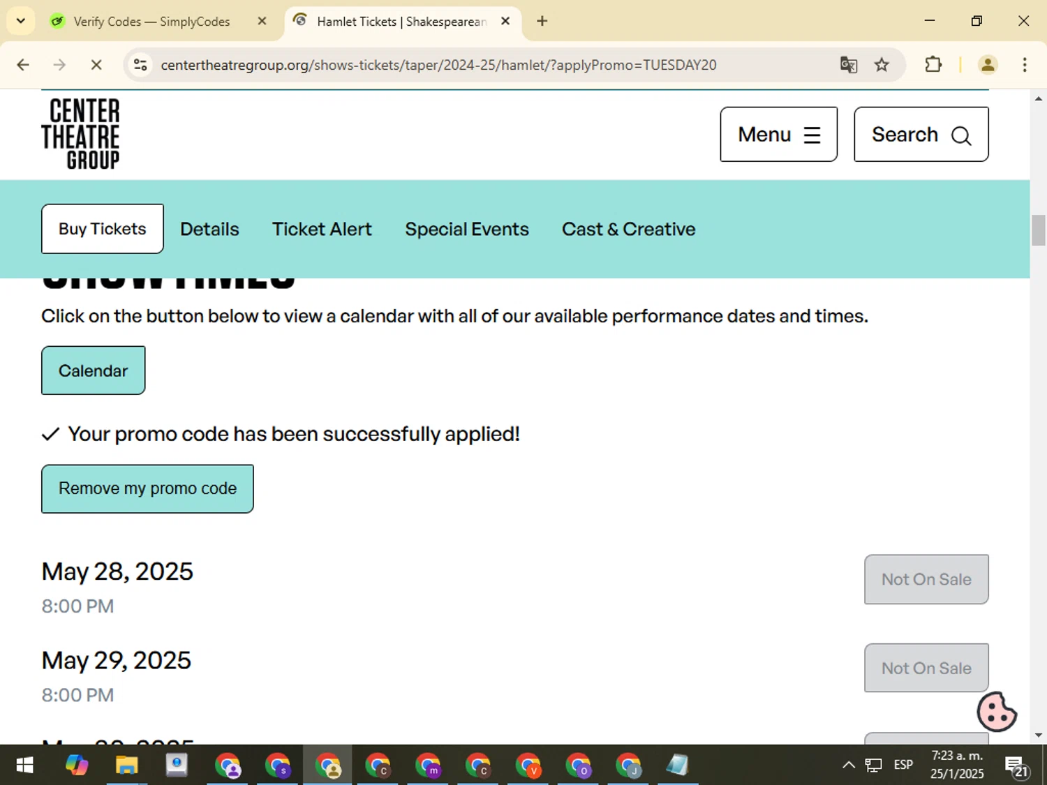 Center Theatre Group promo code screenshot showing code TUESDAY20 applied at Center Theatre Group checkout page. Uploaded by SimplyCodes community member VictorL on Jan 25, 2025