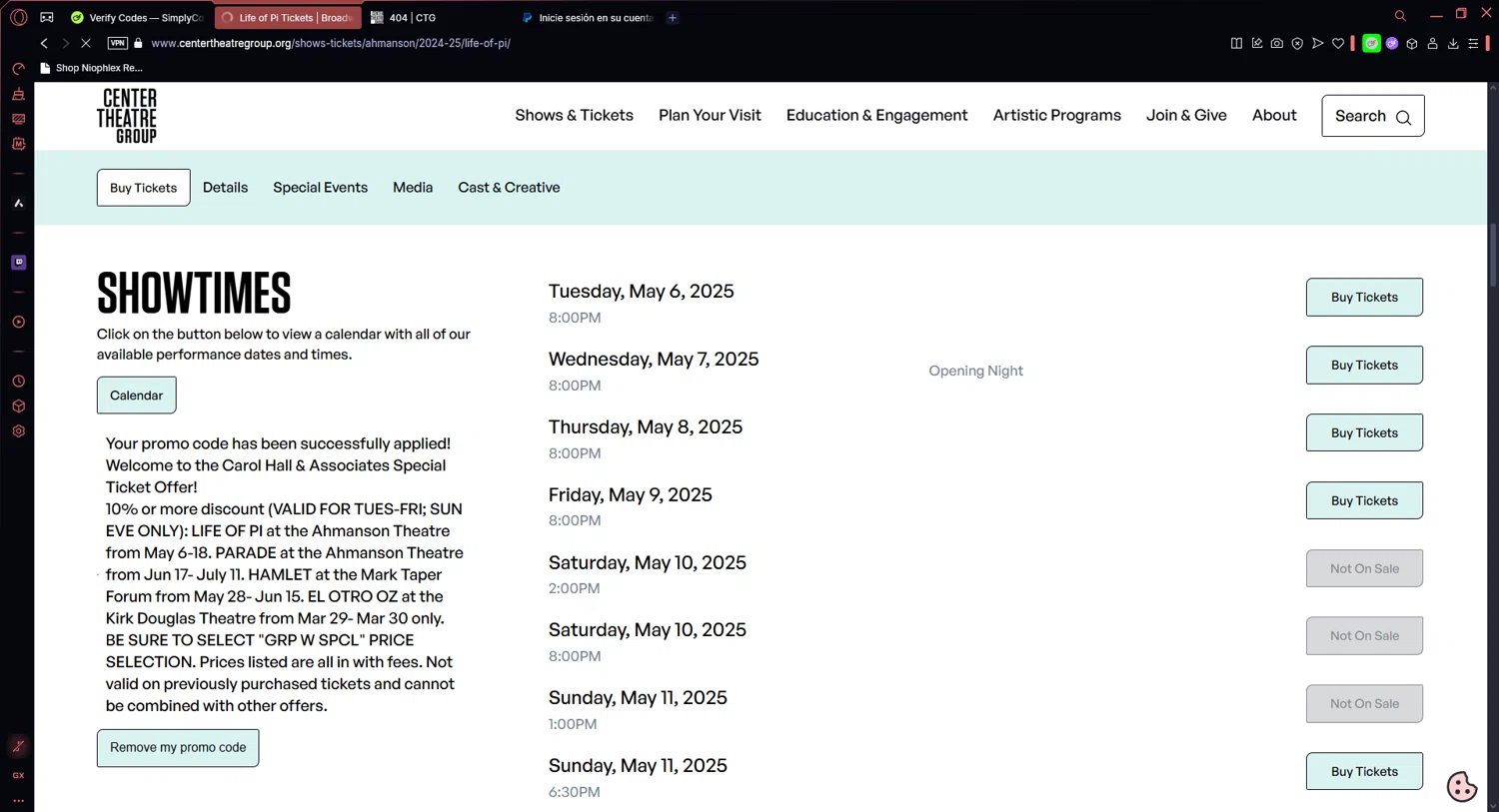 Center Theatre Group promo code screenshot showing code CAROLHALL applied at Center Theatre Group checkout page. Uploaded by SimplyCodes community member ALCUPONE on Apr 6, 2025