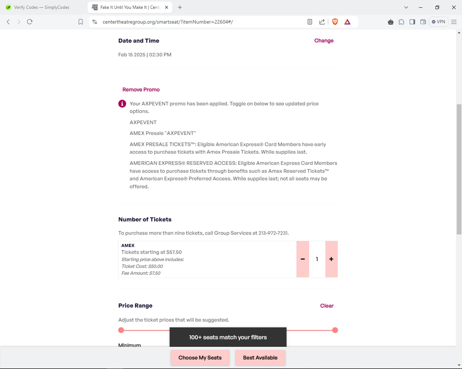 Center Theatre Group promo code screenshot showing code AXPEVENT applied at Center Theatre Group checkout page. Uploaded by SimplyCodes community member BrilliantTitan6909 on Feb 15, 2025