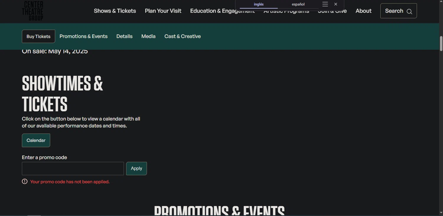 Center Theatre Group checkout page showing Center Theatre Group promo code box | Screenshot taken by SimplyCodes community member on Sep 17, 2025