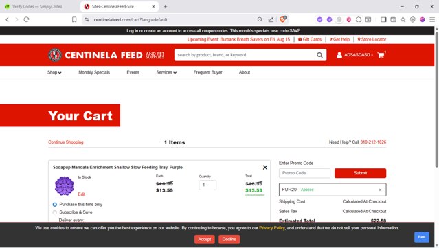 Centinela Feed checkout page showing Centinela Feed promo code box | Screenshot taken by SimplyCodes community member on Aug 22, 2025