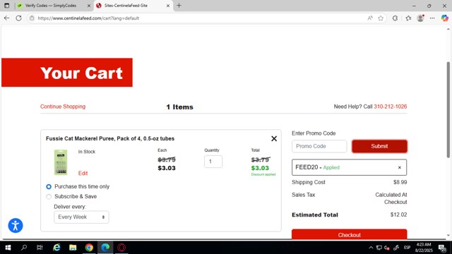 Centinela Feed checkout page showing Centinela Feed promo code box | Screenshot taken by SimplyCodes community member on Aug 22, 2025