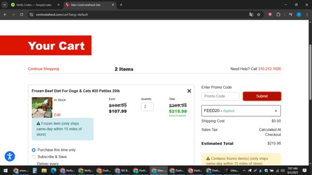 Centinela Feed checkout page showing Centinela Feed promo code box | Screenshot taken by SimplyCodes community member on Sep 2, 2025