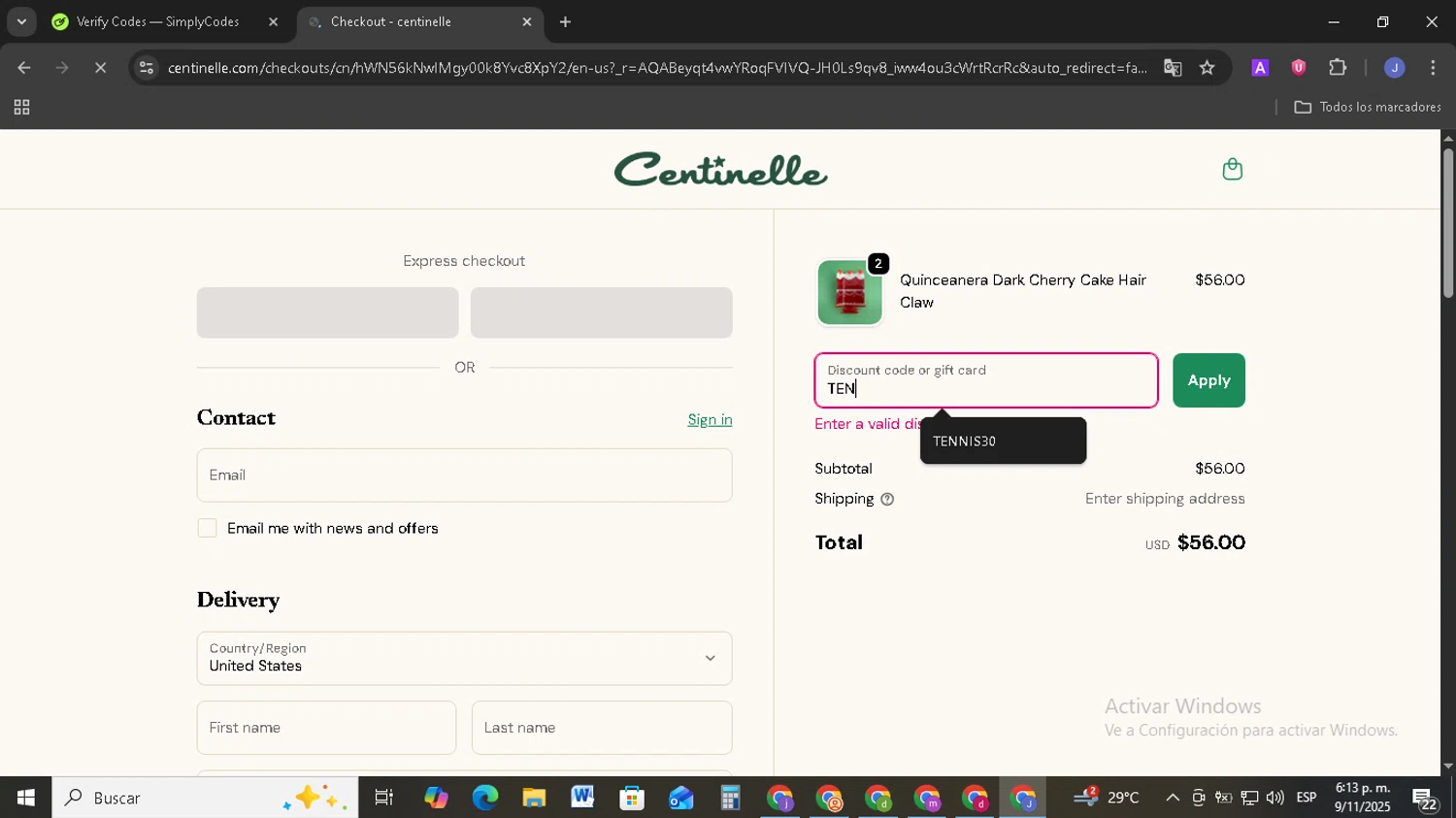 Centinelle promo code screenshot showing code TEN applied at Centinelle checkout page. Uploaded by SimplyCodes community member EpicSage3474 on Nov 9, 2025