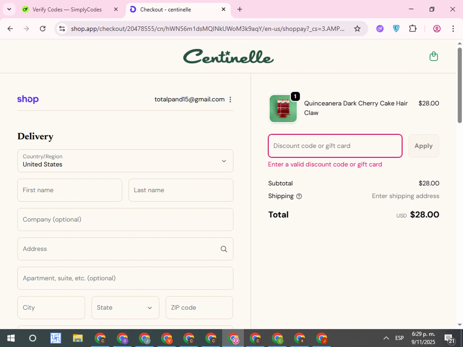 Centinelle promo code screenshot showing code TEN applied at Centinelle checkout page. Uploaded by SimplyCodes community member QuestCurator1644 on Nov 9, 2025