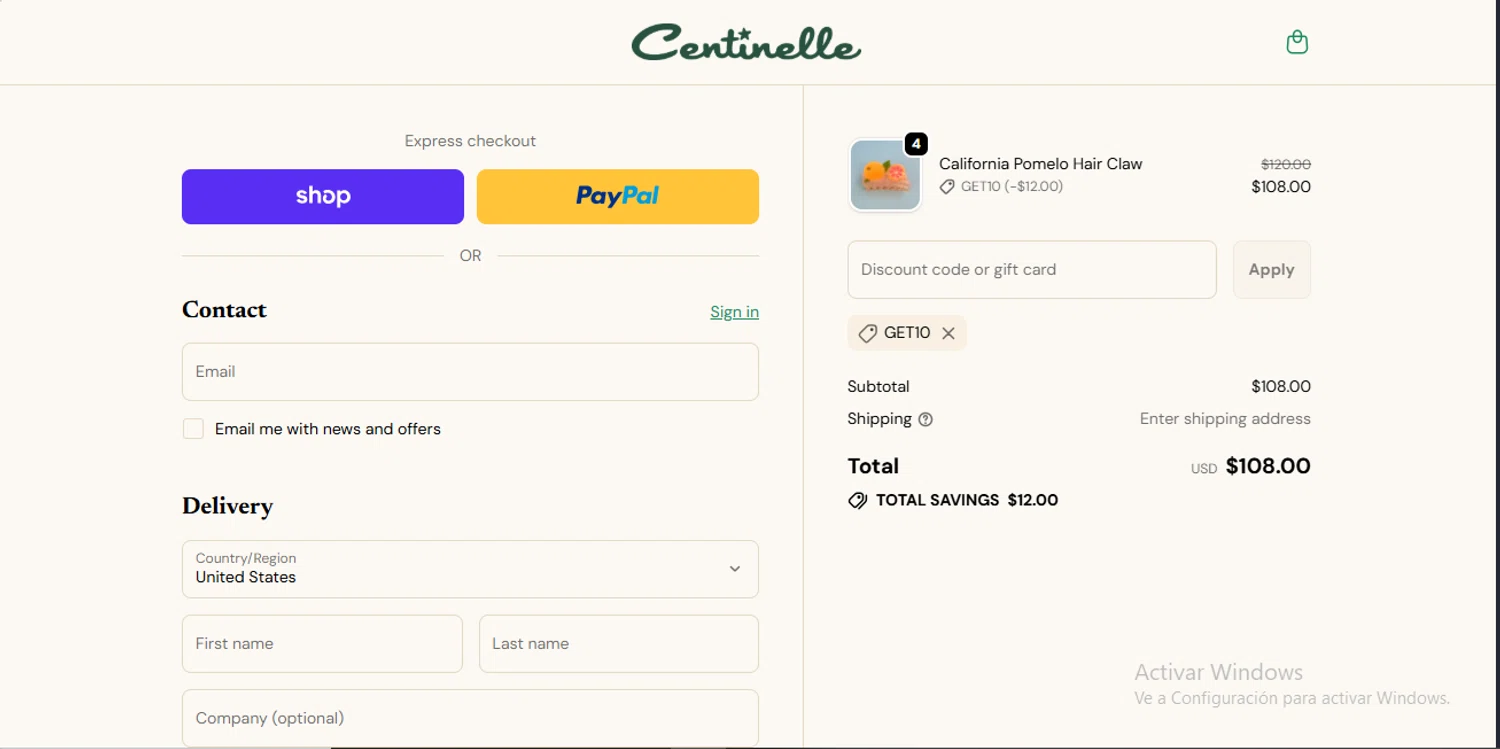 Centinelle promo code screenshot showing code GET10 applied at Centinelle checkout page. Uploaded by SimplyCodes community member CodeEagle1166 on Nov 30, 2025