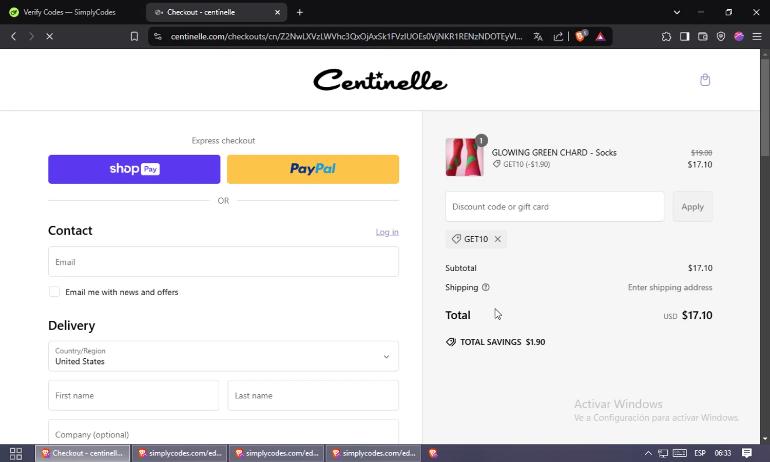 Centinelle promo code screenshot showing code GET10 applied at Centinelle checkout page. Uploaded by SimplyCodes community member Jsjsjsjsjsjsjs on Feb 19, 2025