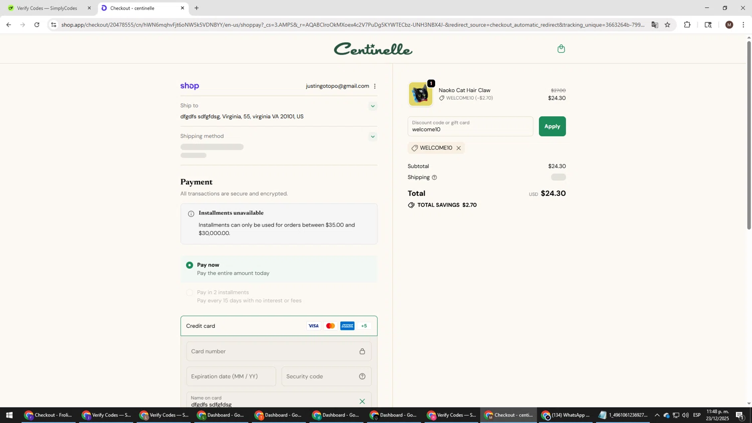 Centinelle promo code screenshot showing code welcome10 applied at Centinelle checkout page. Uploaded by SimplyCodes community member KTMCRF on Dec 24, 2025