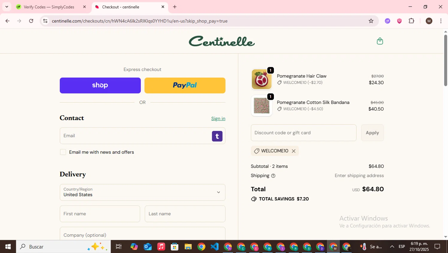 Centinelle promo code screenshot showing code welcome10 applied at Centinelle checkout page. Uploaded by SimplyCodes community member WonderWizard9060 on Oct 27, 2025