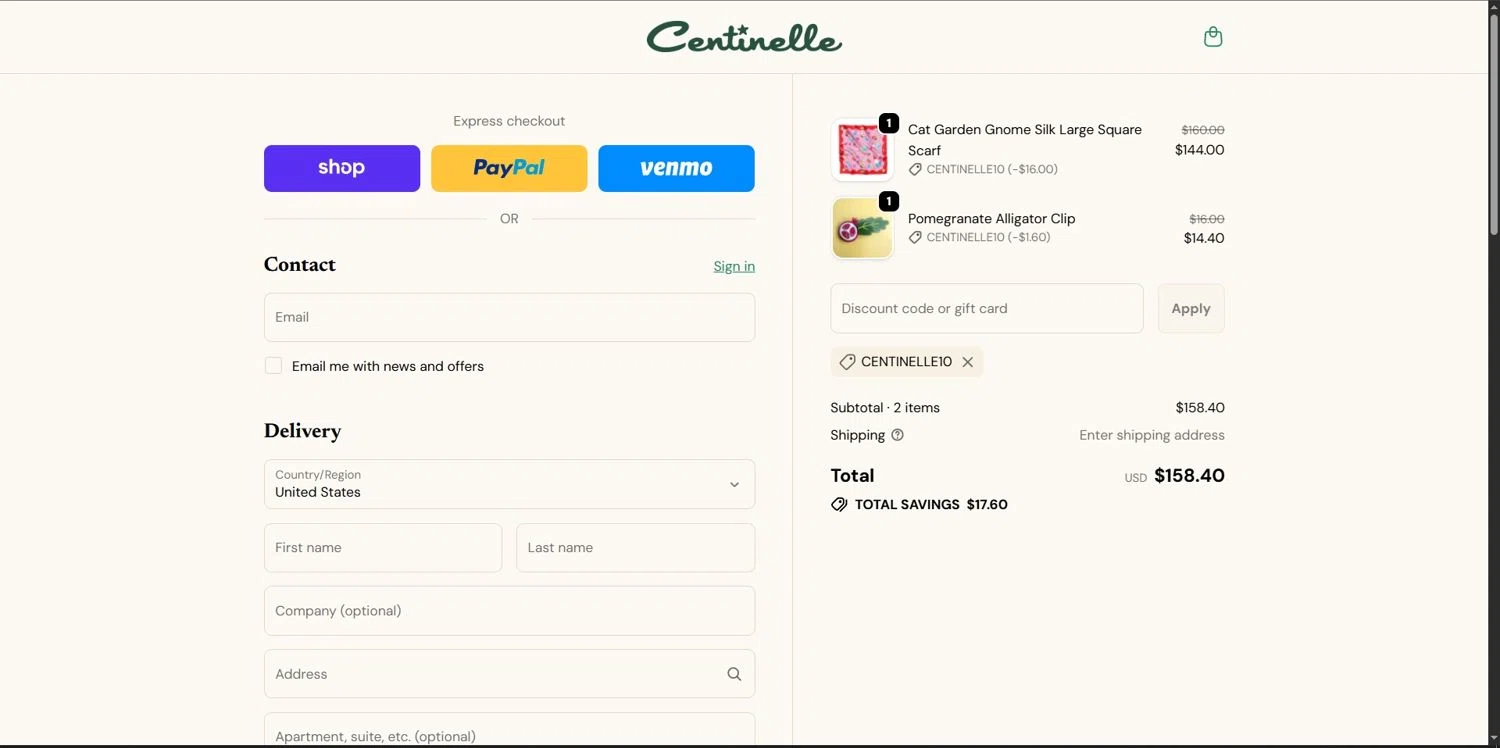 Centinelle promo code screenshot showing code CENTINELLE10 applied at Centinelle checkout page. Uploaded by SimplyCodes community member Depressive on Dec 7, 2025