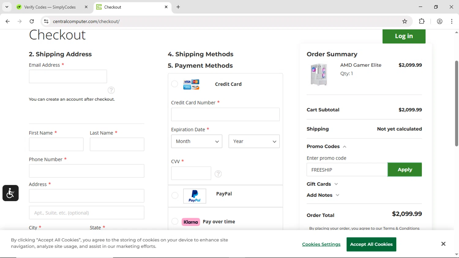 Central Computers promo code screenshot showing code FREESHIP applied at Central Computers checkout page. Uploaded by SimplyCodes community member DiscountScout1646 on Nov 28, 2025
