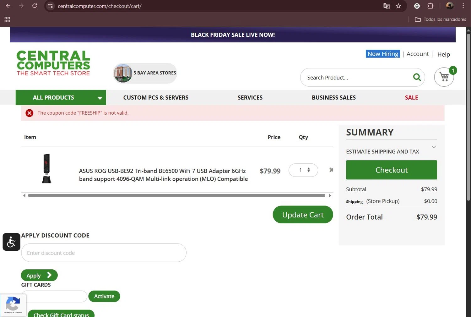 Central Computers promo code screenshot showing code FREESHIP applied at Central Computers checkout page. Uploaded by SimplyCodes community member Milaya on Nov 28, 2025