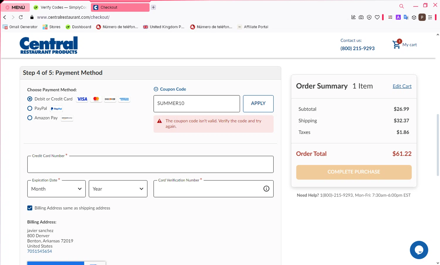 Central Restaurant coupon code screenshot showing code SUMMER10 applied at Central Restaurant checkout page. Uploaded by SimplyCodes community member NobleShopper9818 on Feb 27, 2025