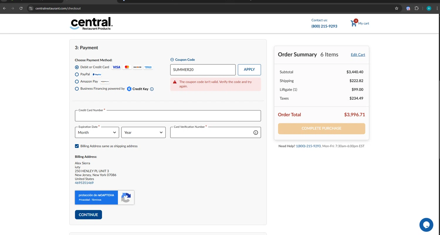 Central Restaurant coupon code screenshot showing code SUMMER20 applied at Central Restaurant checkout page. Uploaded by SimplyCodes community member AlexSierra on Sep 25, 2025