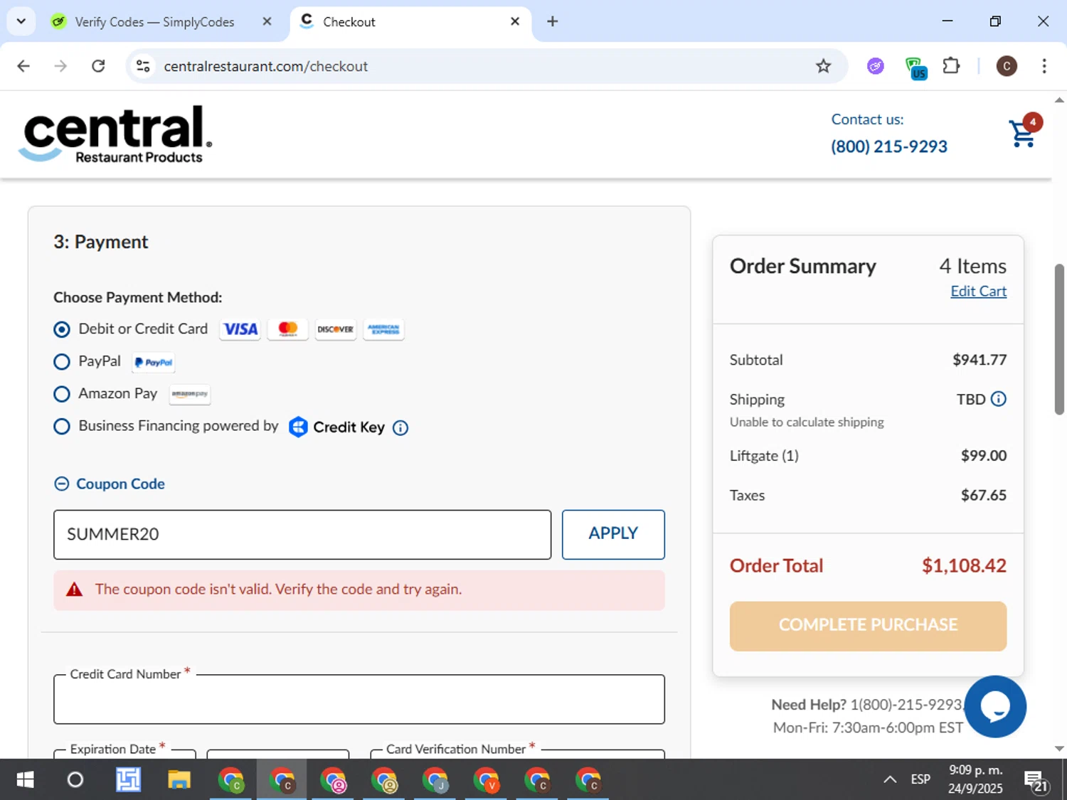 Central Restaurant coupon code screenshot showing code SUMMER20 applied at Central Restaurant checkout page. Uploaded by SimplyCodes community member TreasureFox8596 on Sep 25, 2025
