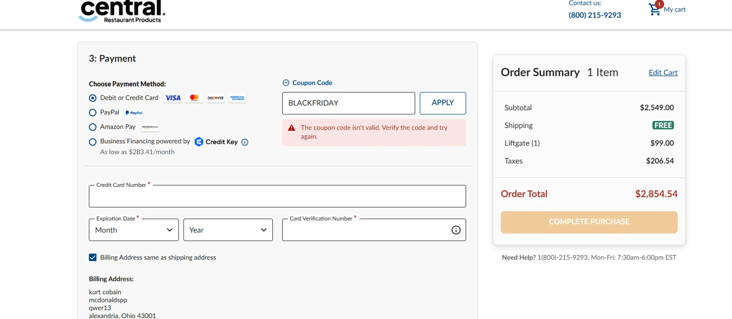 Central Restaurant coupon code screenshot showing code BLACKFRIDAY applied at Central Restaurant checkout page. Uploaded by SimplyCodes community member Handivlak on Dec 23, 2025