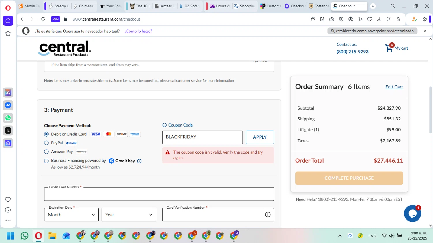 Central Restaurant coupon code screenshot showing code BLACKFRIDAY applied at Central Restaurant checkout page. Uploaded by SimplyCodes community member ManuelF on Dec 23, 2025