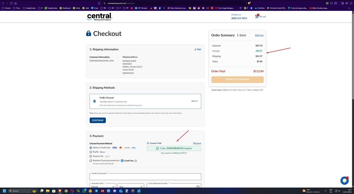 Central Restaurant coupon code screenshot showing code EVENTREADY10 applied at Central Restaurant checkout page. Uploaded by SimplyCodes community member UnkNownVnzla on Nov 12, 2025